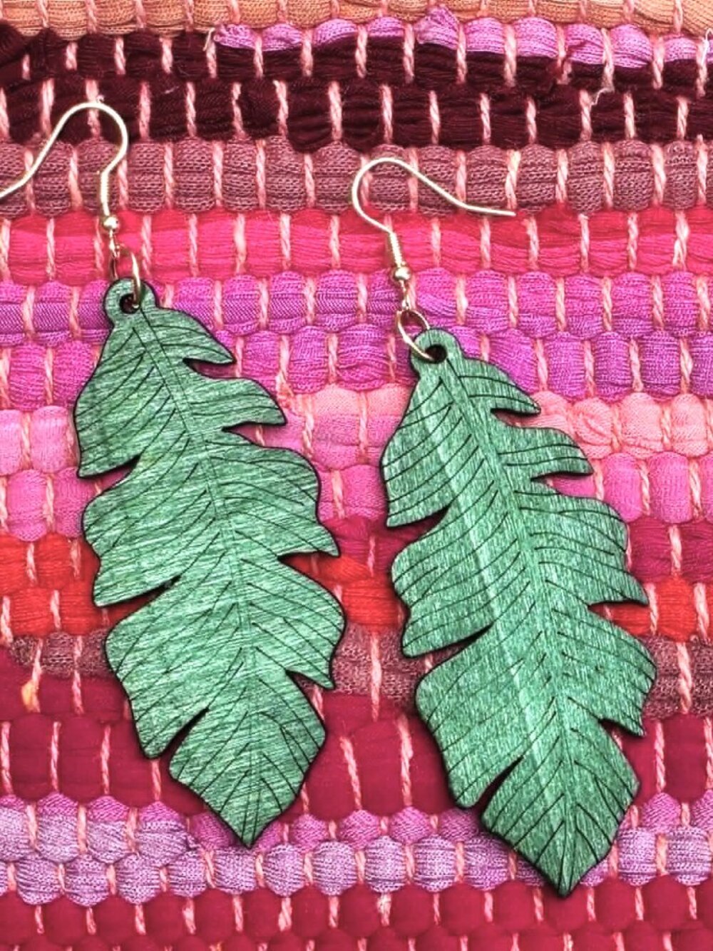 Boho Green Leaf Wood Earrings | Lightweight Statement Dangles | NWT - Picture 4 of 7